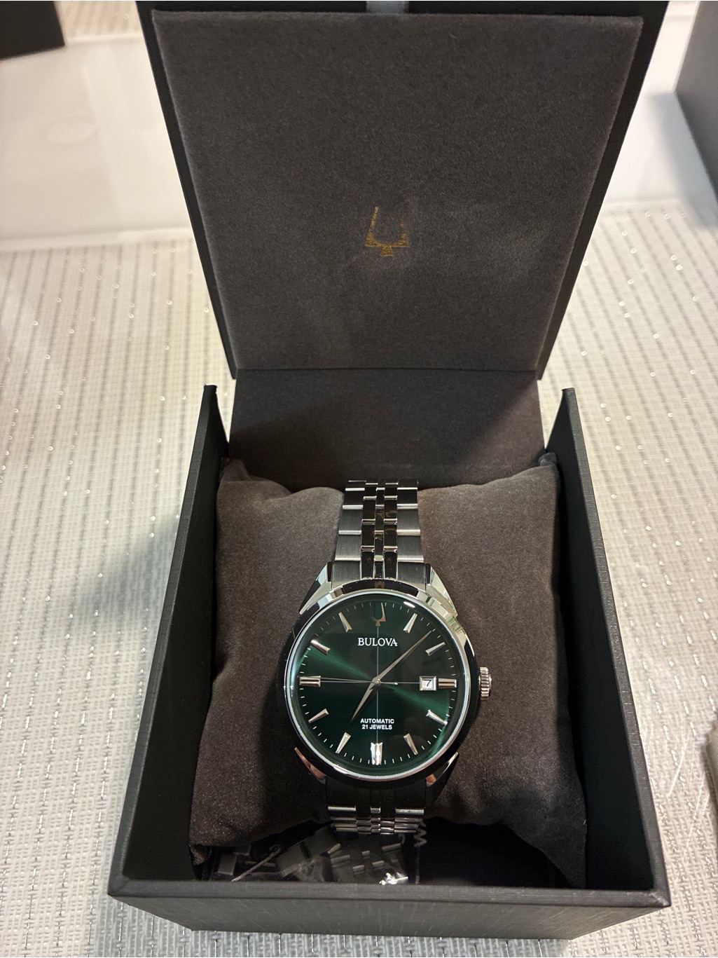 Bulova Green Dial Stainless Steel Watch With Silver Accents